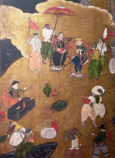 De Aankomst van de Portugezen in Japan, detail van de Portugezen die het ontschepen bevelen, uit een Namban Byobu scherm, 1594-1618 door Japanese School